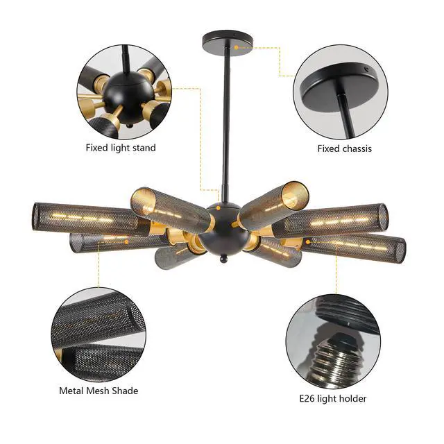 Alt view image 7 of 7 - 34" Modern industrial Sputnik Chandelier, 8-Light Black and Gold Metal Pendant Light with Mesh Shades, E26 Base, Adjustable Height for Dining Room, Living Room, Or Kitchen Island (Bulb Not included)