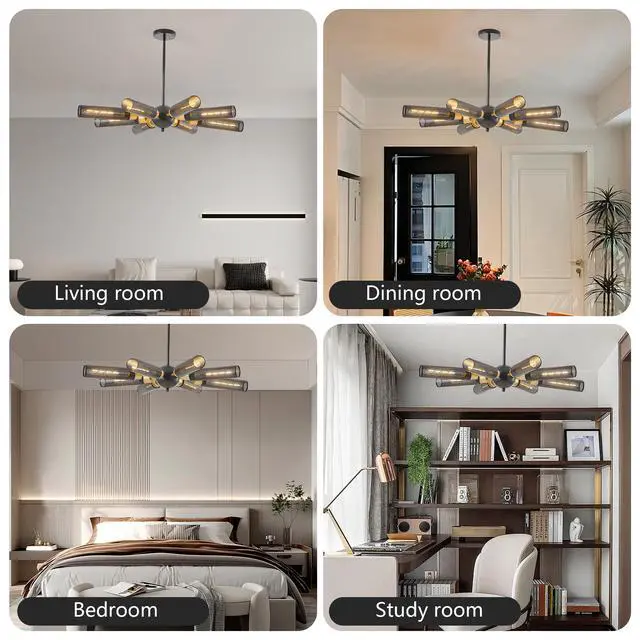 Alt view image 5 of 7 - 34" Modern industrial Sputnik Chandelier, 8-Light Black and Gold Metal Pendant Light with Mesh Shades, E26 Base, Adjustable Height for Dining Room, Living Room, Or Kitchen Island (Bulb Not included)