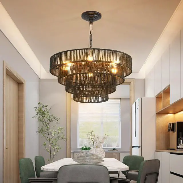 Alt view image 2 of 7 - 20" Rustic 4-Tier Black Hemp Rope Pendant Light Chandelier with 6 E12 Sockets, Handmade Tiered Boho Ceiling Light Fixture for Dining Room, Kitchen, Or Foyer (Bulb Not included)