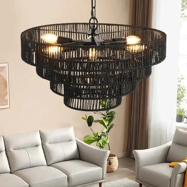 Alt view image 4 of 7 - 20" Rustic 4-Tier Black Hemp Rope Pendant Light Chandelier with 6 E12 Sockets, Handmade Tiered Boho Ceiling Light Fixture for Dining Room, Kitchen, Or Foyer (Bulb Not included)