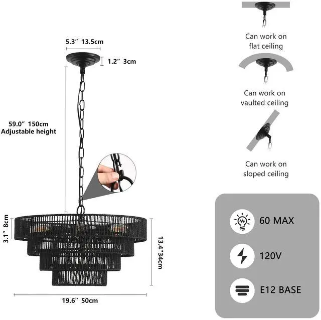Alt view image 7 of 7 - 20" Rustic 4-Tier Black Hemp Rope Pendant Light Chandelier with 6 E12 Sockets, Handmade Tiered Boho Ceiling Light Fixture for Dining Room, Kitchen, Or Foyer (Bulb Not included)