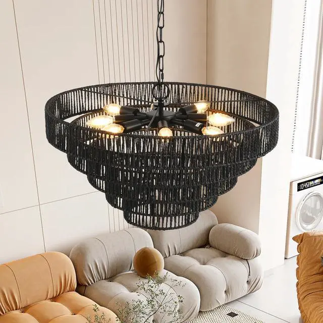 Alt view image 4 of 7 - 24" Rustic 5-Tier Black Hemp Rope Pendant Light Chandelier with 8 E12 Sockets, Boho Farmhouse Ceiling Fixture for Dining Room, Kitchen, Or Entryway (Bulb Not included)