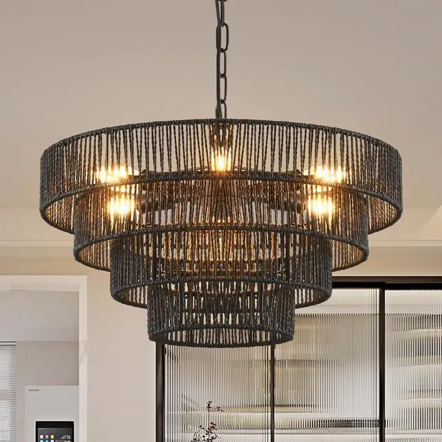 Alt view image 3 of 7 - 20" Rustic 4-Tier Black Hemp Rope Pendant Light Chandelier with 6 E12 Sockets, Handmade Tiered Boho Ceiling Light Fixture for Dining Room, Kitchen, Or Foyer (Bulb Not included)