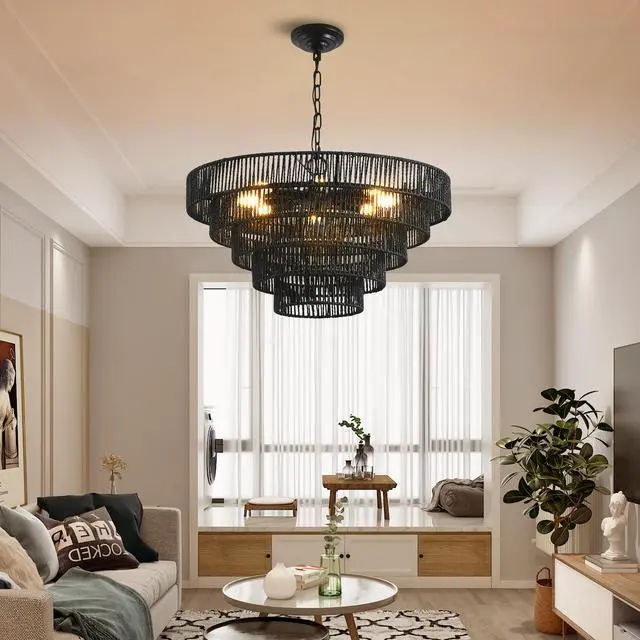 Alt view image 3 of 7 - 24" Rustic 5-Tier Black Hemp Rope Pendant Light Chandelier with 8 E12 Sockets, Boho Farmhouse Ceiling Fixture for Dining Room, Kitchen, Or Entryway (Bulb Not included)
