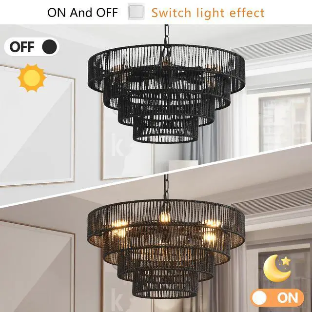 Alt view image 5 of 7 - 20" Rustic 4-Tier Black Hemp Rope Pendant Light Chandelier with 6 E12 Sockets, Handmade Tiered Boho Ceiling Light Fixture for Dining Room, Kitchen, Or Foyer (Bulb Not included)