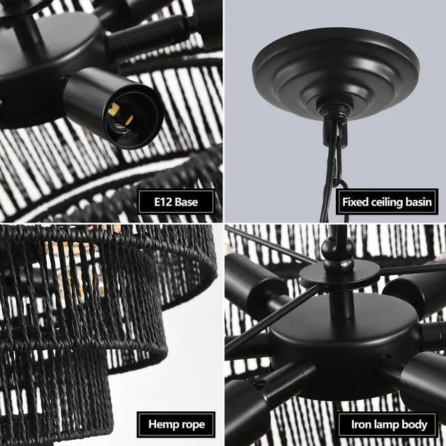 Alt view image 6 of 7 - 20" Rustic 4-Tier Black Hemp Rope Pendant Light Chandelier with 6 E12 Sockets, Handmade Tiered Boho Ceiling Light Fixture for Dining Room, Kitchen, Or Foyer (Bulb Not included)