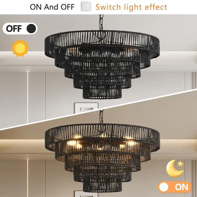 Alt view image 6 of 7 - 24" Rustic 5-Tier Black Hemp Rope Pendant Light Chandelier with 8 E12 Sockets, Boho Farmhouse Ceiling Fixture for Dining Room, Kitchen, Or Entryway (Bulb Not included)