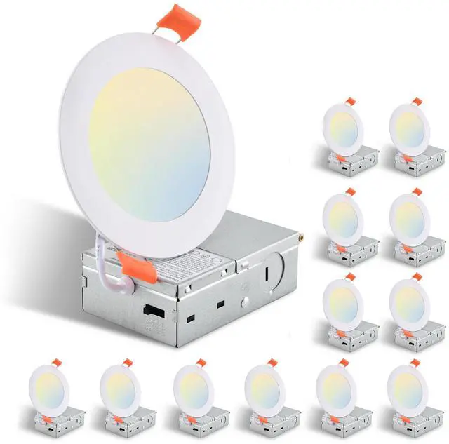 Main image of 12-Pack 4 inch Ultra-Thin Led Recessed Ceiling Light with Junction Box, 2700K-5000K Dimmable Color Changing Downlight, 9W 810Lm, Easy install, Ideal for Kitchen, Bedroom, Basement