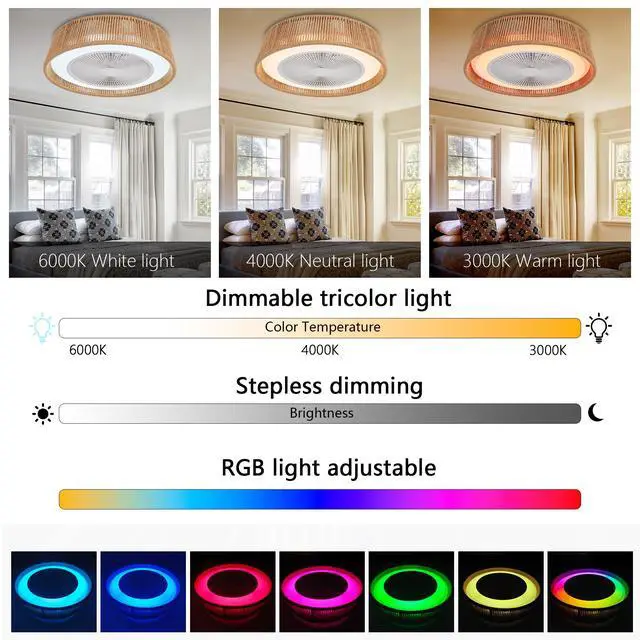 Alt view image 5 of 7 - 21" Modern Rustic Ceiling Fan Light with Led Rgb Mood Lighting, Rope Woven Design, Quiet Fan, Semi Flush Mount for Bedroom, Living Room, Or Dining Room ((Silent/6-Speed/Reversible/Dc Motor))