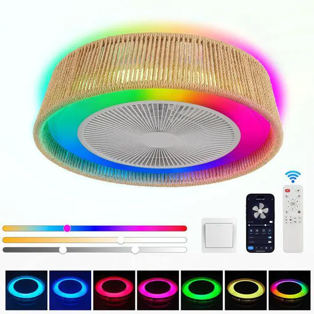 Alt view image 2 of 7 - 21" Modern Rustic Ceiling Fan Light with Led Rgb Mood Lighting, Rope Woven Design, Quiet Fan, Semi Flush Mount for Bedroom, Living Room, Or Dining Room ((Silent/6-Speed/Reversible/Dc Motor))