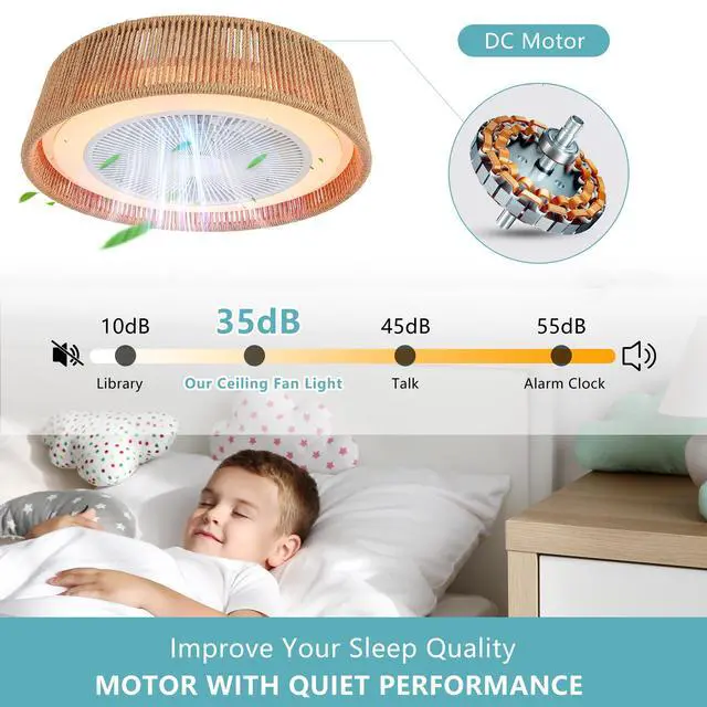 Alt view image 6 of 7 - 21" Modern Rustic Ceiling Fan Light with Led Rgb Mood Lighting, Rope Woven Design, Quiet Fan, Semi Flush Mount for Bedroom, Living Room, Or Dining Room ((Silent/6-Speed/Reversible/Dc Motor))