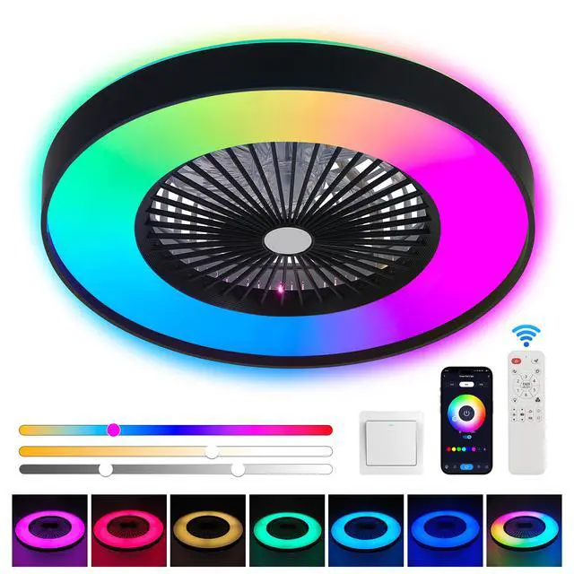 Alt view image 2 of 7 - 23-inch Black Ceiling Fan Light with Led Rgb Dimmable & Color-Changing, App & Remote Control, Modern Smart Ceiling Fan for Living Room, Bedroom, and Dining Room (Silent/6-Speed/Reversible/Dc Motor)