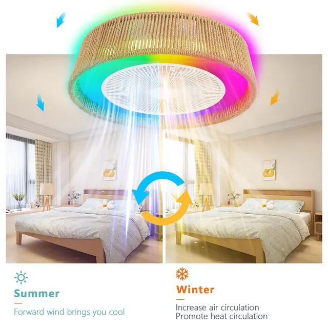 Alt view image 4 of 7 - 21" Modern Rustic Ceiling Fan Light with Led Rgb Mood Lighting, Rope Woven Design, Quiet Fan, Semi Flush Mount for Bedroom, Living Room, Or Dining Room ((Silent/6-Speed/Reversible/Dc Motor))