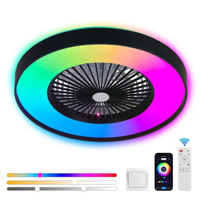 Alt view image 3 of 7 - 23-inch Black Ceiling Fan Light with Led Rgb Dimmable & Color-Changing, App & Remote Control, Modern Smart Ceiling Fan for Living Room, Bedroom, and Dining Room (Silent/6-Speed/Reversible/Dc Motor)