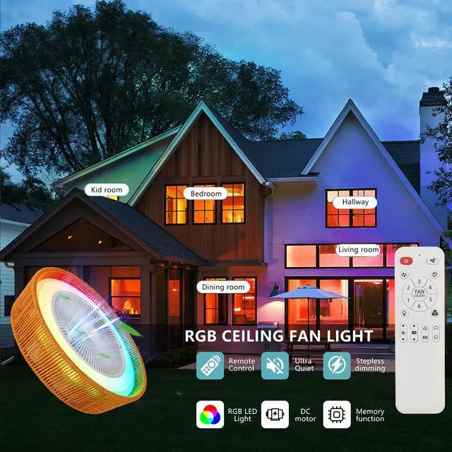 Alt view image 7 of 7 - 21" Modern Rustic Ceiling Fan Light with Led Rgb Mood Lighting, Rope Woven Design, Quiet Fan, Semi Flush Mount for Bedroom, Living Room, Or Dining Room ((Silent/6-Speed/Reversible/Dc Motor))