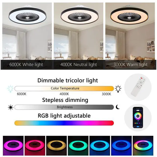 Alt view image 7 of 7 - 23-inch Black Ceiling Fan Light with Led Rgb Dimmable & Color-Changing, App & Remote Control, Modern Smart Ceiling Fan for Living Room, Bedroom, and Dining Room (Silent/6-Speed/Reversible/Dc Motor)
