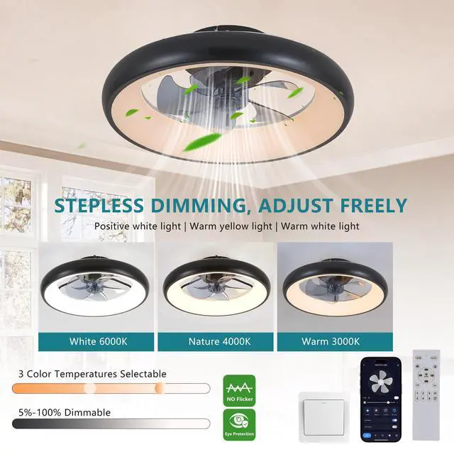 Alt view image 2 of 7 - 20" Black Led Ceiling Fan Light Dimmable & Adjustable Color Temperature, App & Remote Control, Modern Smart Ceiling Fan for Living Room, Bedroom, and Dining Room (Silent/6-Speed/Reversible/Dc Motor)