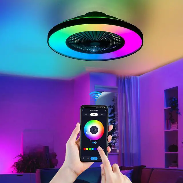 Alt view image 5 of 7 - 23-inch Black Ceiling Fan Light with Led Rgb Dimmable & Color-Changing, App & Remote Control, Modern Smart Ceiling Fan for Living Room, Bedroom, and Dining Room (Silent/6-Speed/Reversible/Dc Motor)