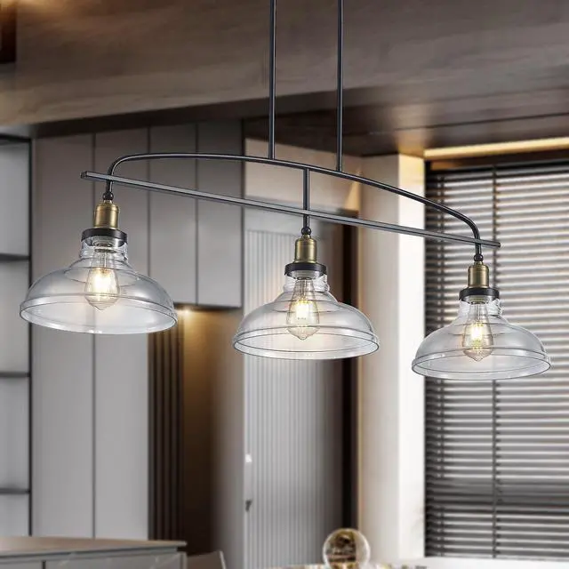 Main image of 45" industrial 3-Light Pendant Chandelier with Clear Glass Shades, Black Metal Frame, Adjustable Height, Modern Farmhouse Lighting for Kitchen Island, Dining Room, Or Living Room (Bulb Not included)