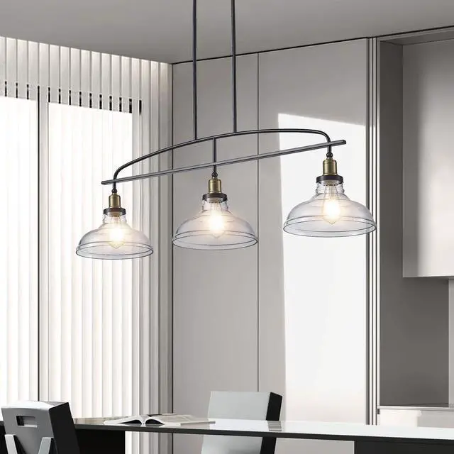 Alt view image 2 of 7 - 45" industrial 3-Light Pendant Chandelier with Clear Glass Shades, Black Metal Frame, Adjustable Height, Modern Farmhouse Lighting for Kitchen Island, Dining Room, Or Living Room (Bulb Not included)