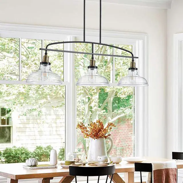 Alt view image 3 of 7 - 45" industrial 3-Light Pendant Chandelier with Clear Glass Shades, Black Metal Frame, Adjustable Height, Modern Farmhouse Lighting for Kitchen Island, Dining Room, Or Living Room (Bulb Not included)