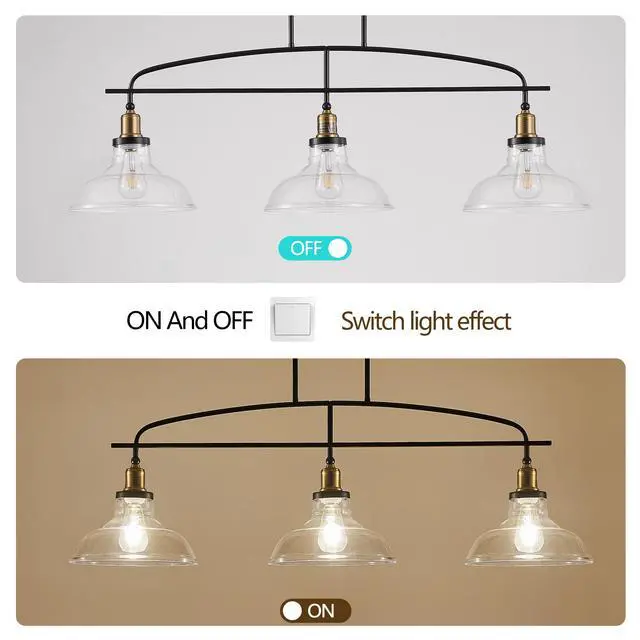 Alt view image 6 of 7 - 45" industrial 3-Light Pendant Chandelier with Clear Glass Shades, Black Metal Frame, Adjustable Height, Modern Farmhouse Lighting for Kitchen Island, Dining Room, Or Living Room (Bulb Not included)