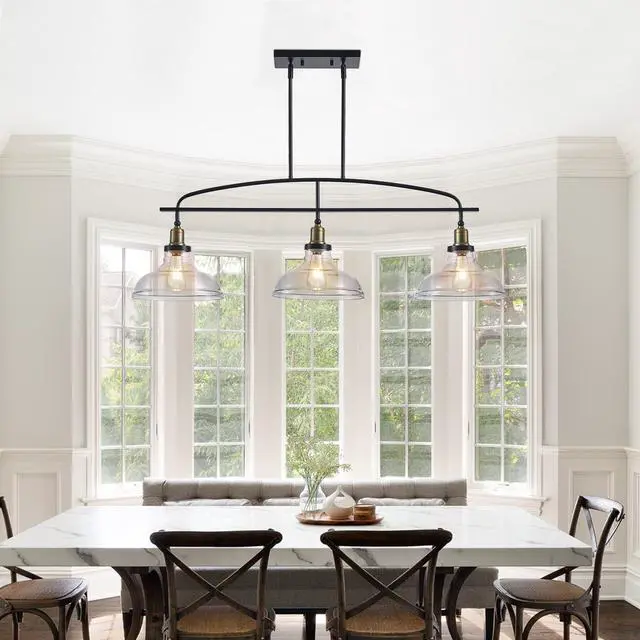 Alt view image 4 of 7 - 45" industrial 3-Light Pendant Chandelier with Clear Glass Shades, Black Metal Frame, Adjustable Height, Modern Farmhouse Lighting for Kitchen Island, Dining Room, Or Living Room (Bulb Not included)