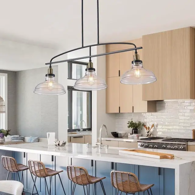 Alt view image 5 of 7 - 45" industrial 3-Light Pendant Chandelier with Clear Glass Shades, Black Metal Frame, Adjustable Height, Modern Farmhouse Lighting for Kitchen Island, Dining Room, Or Living Room (Bulb Not included)