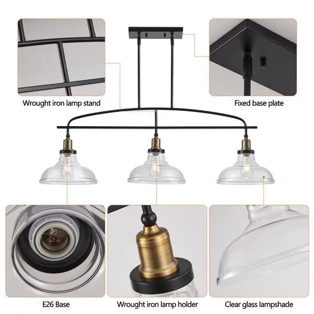Alt view image 7 of 7 - 45" industrial 3-Light Pendant Chandelier with Clear Glass Shades, Black Metal Frame, Adjustable Height, Modern Farmhouse Lighting for Kitchen Island, Dining Room, Or Living Room (Bulb Not included)