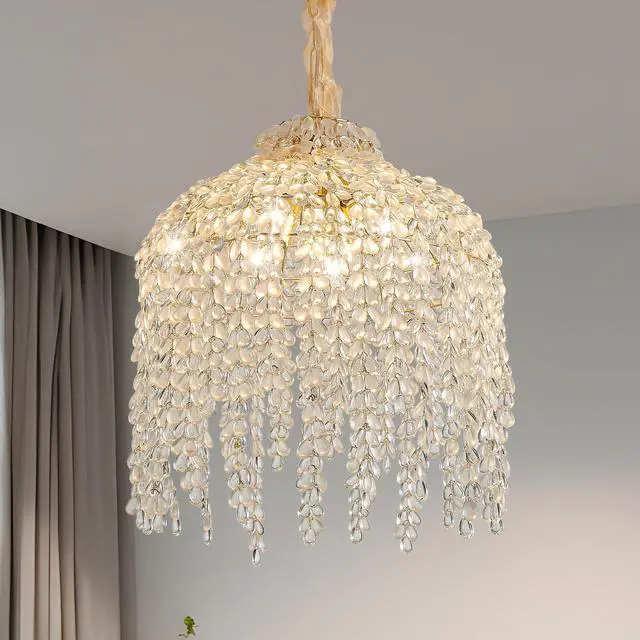 Main image of 16 inch 5-Light Crystal Pendant Light Chandelier Elegant Waterfall Design with Grape-Shaped Crystal Bead Strings and Gold Finish for Living Room, Bedroom, Or Dining Area (Bulb Not included)