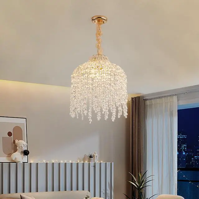 Alt view image 3 of 7 - 16 inch 5-Light Crystal Pendant Light Chandelier Elegant Waterfall Design with Grape-Shaped Crystal Bead Strings and Gold Finish for Living Room, Bedroom, Or Dining Area (Bulb Not included)