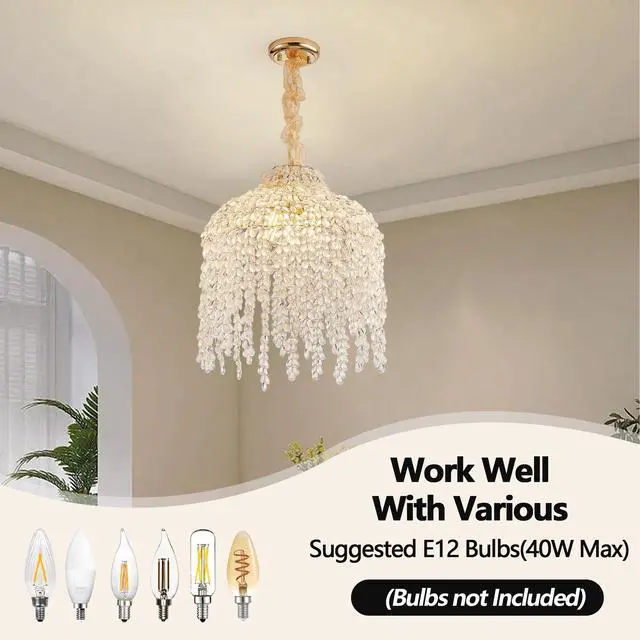 Alt view image 5 of 7 - 16 inch 5-Light Crystal Pendant Light Chandelier Elegant Waterfall Design with Grape-Shaped Crystal Bead Strings and Gold Finish for Living Room, Bedroom, Or Dining Area (Bulb Not included)