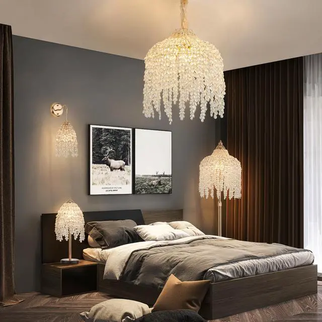 Alt view image 6 of 7 - 16 inch 5-Light Crystal Pendant Light Chandelier Elegant Waterfall Design with Grape-Shaped Crystal Bead Strings and Gold Finish for Living Room, Bedroom, Or Dining Area (Bulb Not included)