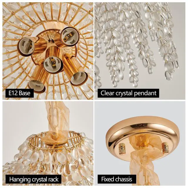 Alt view image 7 of 7 - 16 inch 5-Light Crystal Pendant Light Chandelier Elegant Waterfall Design with Grape-Shaped Crystal Bead Strings and Gold Finish for Living Room, Bedroom, Or Dining Area (Bulb Not included)