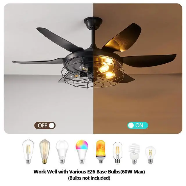 Alt view image 2 of 7 - 52" Modern Black Ceiling Fan with Light, 6 Fan Blades and industrial Cage Design, Adjustable Speed for Living Room, Bedroom, Dining Room (Silent/6-Speed/Reversible/Dc Motor) (Bulb Not included)