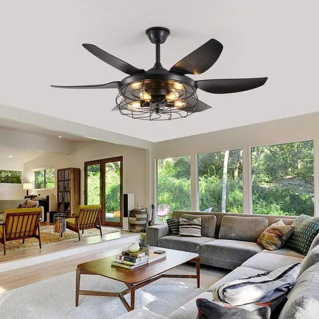 Alt view image 7 of 7 - 52" Modern Black Ceiling Fan with Light, 6 Fan Blades and industrial Cage Design, Adjustable Speed for Living Room, Bedroom, Dining Room (Silent/6-Speed/Reversible/Dc Motor) (Bulb Not included)