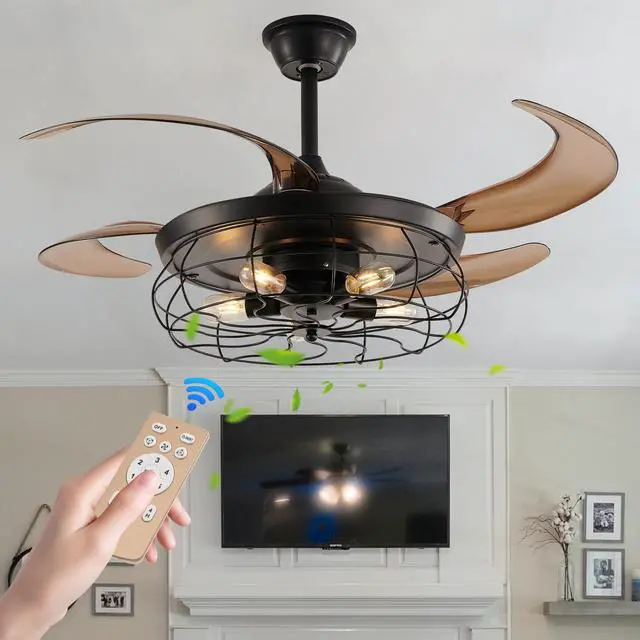 Main image of 48" Black Remote Control Ceiling Fan Light industrial 4-Blade Fan with Cage Design and Adjustable Speed for Living Room, Bedroom, Or Office (Silent/6-Speed/Reversible/Dc Motor)
(Bulb Not included)