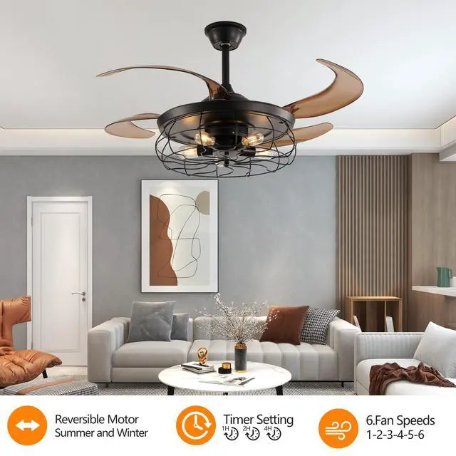 Alt view image 2 of 7 - 48" Black Remote Control Ceiling Fan Light industrial 4-Blade Fan with Cage Design and Adjustable Speed for Living Room, Bedroom, Or Office (Silent/6-Speed/Reversible/Dc Motor)
(Bulb Not included)
