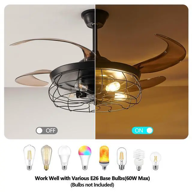 Alt view image 4 of 7 - 48" Black Remote Control Ceiling Fan Light industrial 4-Blade Fan with Cage Design and Adjustable Speed for Living Room, Bedroom, Or Office (Silent/6-Speed/Reversible/Dc Motor)
(Bulb Not included)