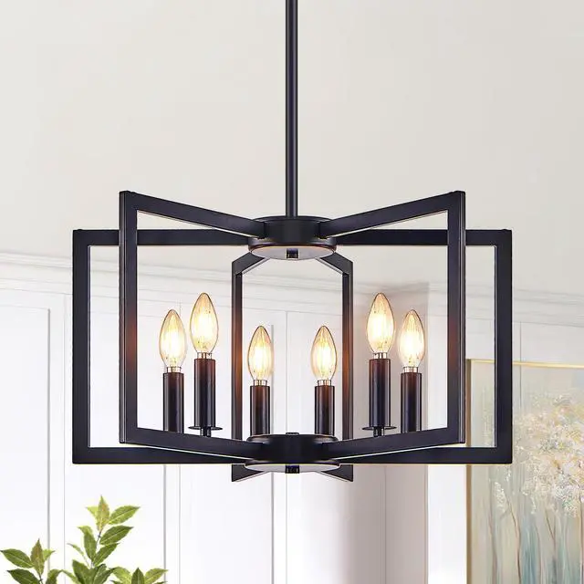 Main image of 22" Modern Black Geometric 6-Light Chandelier industrial Metal Pendant Light Fixture for Living Room, Dining Room, Or Kitchen (Bulb Not included)