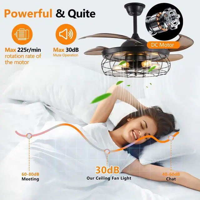 Alt view image 7 of 7 - 48" Black Remote Control Ceiling Fan Light industrial 4-Blade Fan with Cage Design and Adjustable Speed for Living Room, Bedroom, Or Office (Silent/6-Speed/Reversible/Dc Motor)
(Bulb Not included)