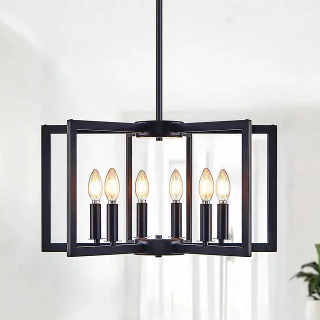 Alt view image 2 of 7 - 22" Modern Black Geometric 6-Light Chandelier industrial Metal Pendant Light Fixture for Living Room, Dining Room, Or Kitchen (Bulb Not included)