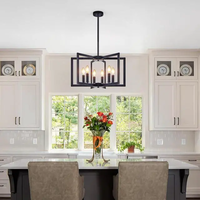 Alt view image 3 of 7 - 22" Modern Black Geometric 6-Light Chandelier industrial Metal Pendant Light Fixture for Living Room, Dining Room, Or Kitchen (Bulb Not included)