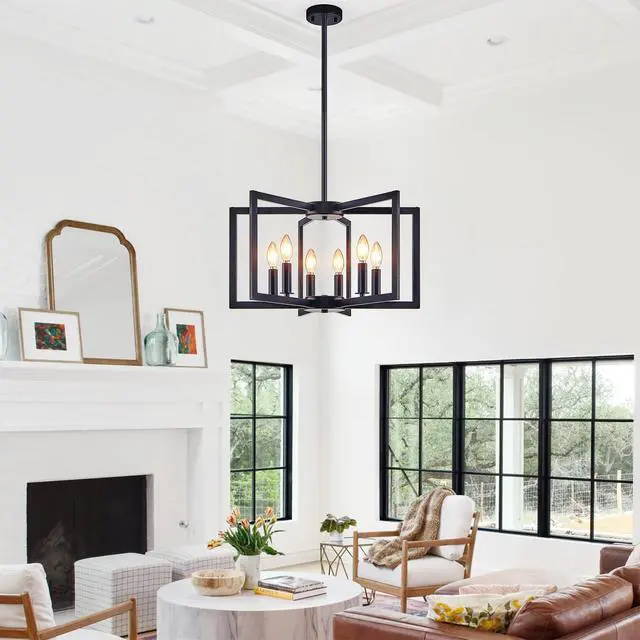 Alt view image 4 of 7 - 22" Modern Black Geometric 6-Light Chandelier industrial Metal Pendant Light Fixture for Living Room, Dining Room, Or Kitchen (Bulb Not included)
