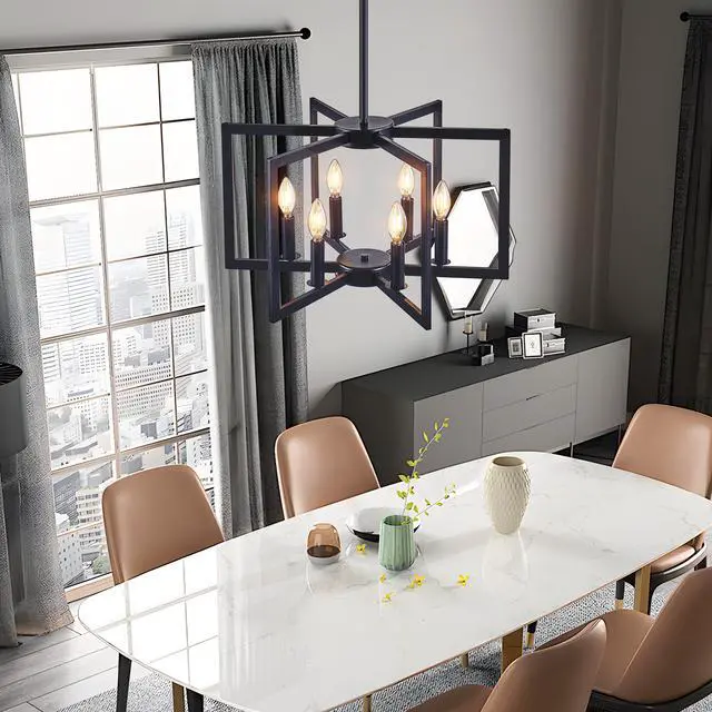 Alt view image 5 of 7 - 22" Modern Black Geometric 6-Light Chandelier industrial Metal Pendant Light Fixture for Living Room, Dining Room, Or Kitchen (Bulb Not included)