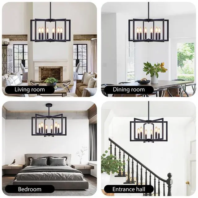 Alt view image 6 of 7 - 22" Modern Black Geometric 6-Light Chandelier industrial Metal Pendant Light Fixture for Living Room, Dining Room, Or Kitchen (Bulb Not included)