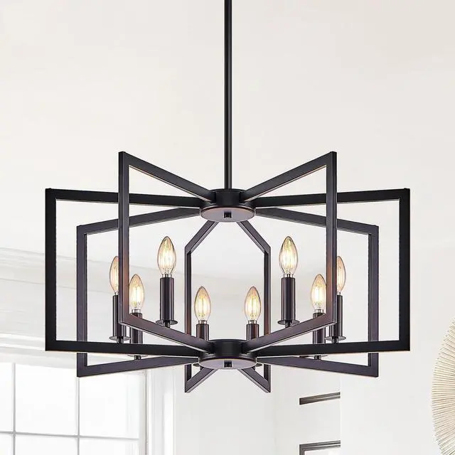 Main image of 27" Modern Black Geometric 8-Light Chandelier industrial Metal Pendant Light Fixture for Living Room, Dining Room, Or Kitchen (Bulb Not included)