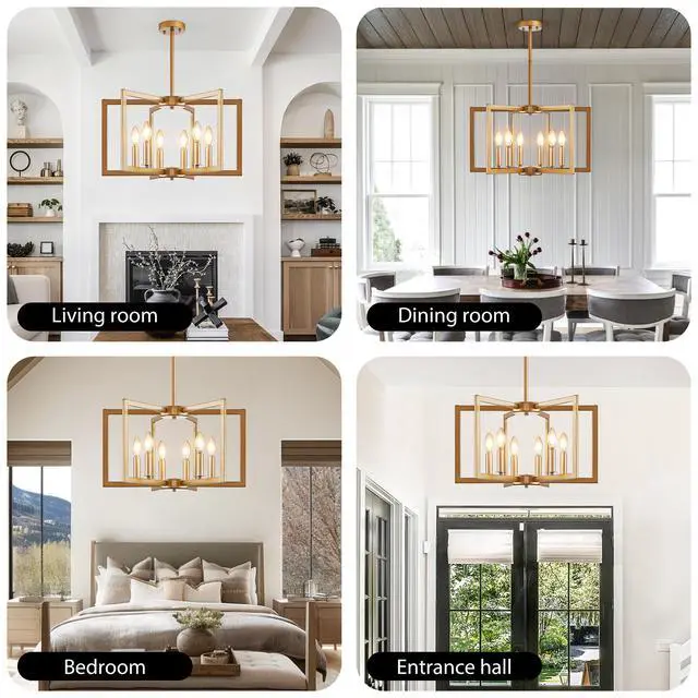 Alt view image 6 of 7 - 22" Modern Golden Geometric 6-Light Chandelier industrial Metal Pendant Light Fixture for Living Room, Dining Room, Or Kitchen (Bulb Not included)