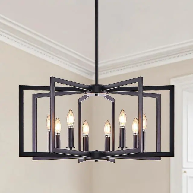 Alt view image 2 of 7 - 27" Modern Black Geometric 8-Light Chandelier industrial Metal Pendant Light Fixture for Living Room, Dining Room, Or Kitchen (Bulb Not included)
