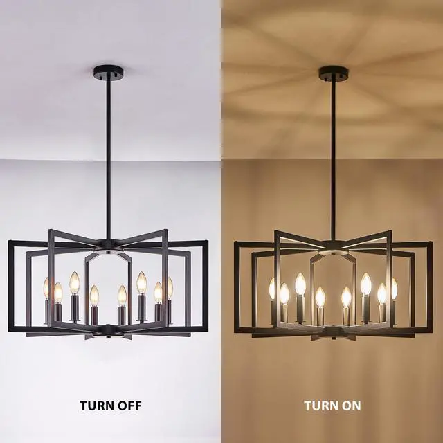 Alt view image 7 of 7 - 27" Modern Black Geometric 8-Light Chandelier industrial Metal Pendant Light Fixture for Living Room, Dining Room, Or Kitchen (Bulb Not included)